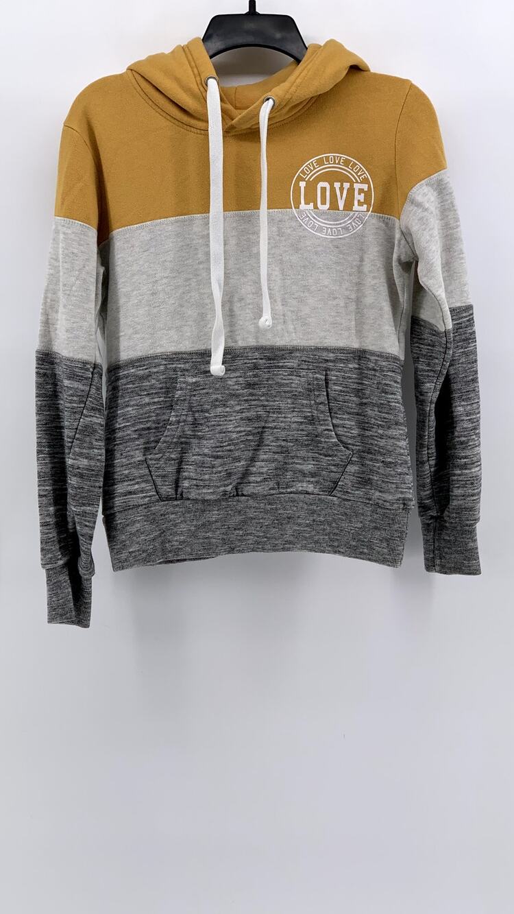 REFLEX Women's Yellow-Gray Love Logo Color Block Hoodie SZ S